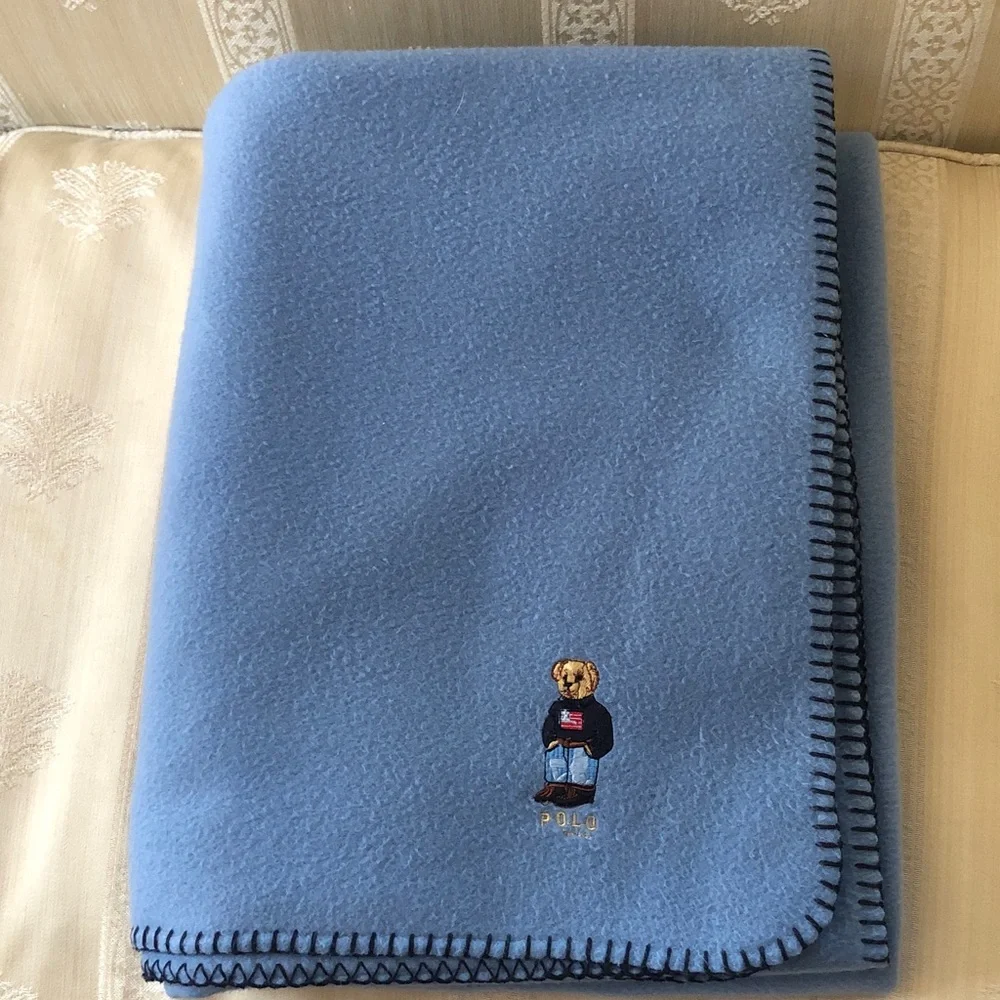 Polo by Ralph Lauren Light Blue Bear Fleece Throw with Whipstitch Trim